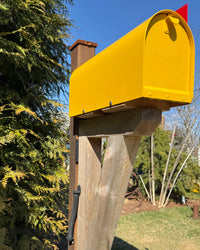 Angled view of a handcrafted yellow Titan mailbox set featuring a cedar architectural bracket and weathered steel post surrounded by evergreen trees.
