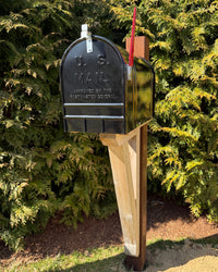 Front view of a black vintage-style mailbox with cedar detailing and a durable steel mounting post surrounded by evergreen trees.