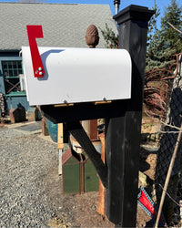 Side view of a white Titan mailbox paired with a black-painted cedar post and contrasting handcrafted support bracket.