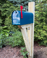 Front view of a teal handcrafted mailbox set featuring a pressure-treated wood bracket and durable Titan steel mailbox.