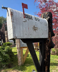 Front angled view of a rustic mailbox set with charred cedar textures, black-painted bracket assembly, and vintage-style XL mailbox.