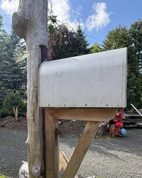 Side view of a handcrafted XL mailbox mounted to a naturally weathered cedar log post with rustic cedar bracket detailing.